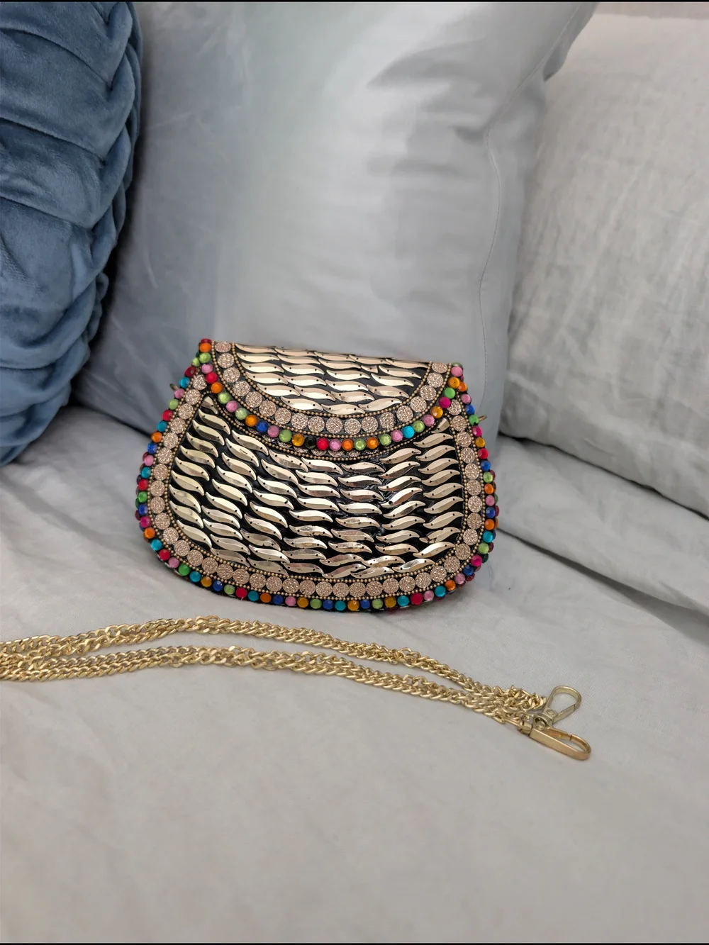 NWT RAMLA Handmade Embellished Metallic Gold Multi Gem Clutch Crossbody